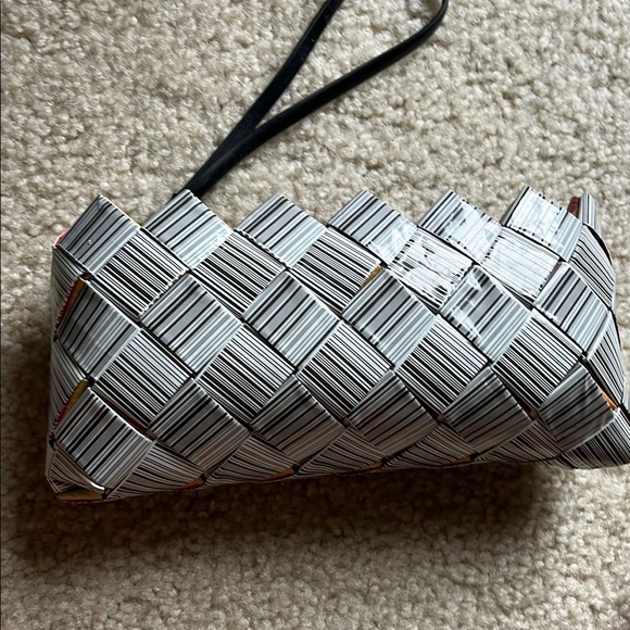 Handmade Striped Black and White Recycled barcode Wristlet - Picture 6 of 6